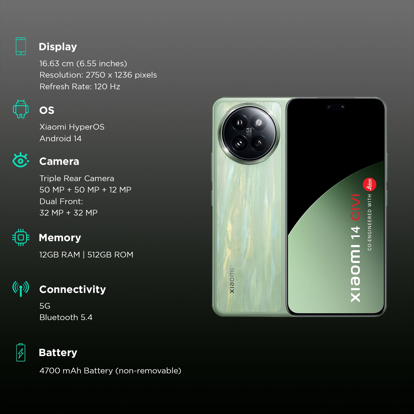 Buy Xiaomi 14 CIVI 5G (12GB RAM, 512GB, Matcha Green) Online – Croma